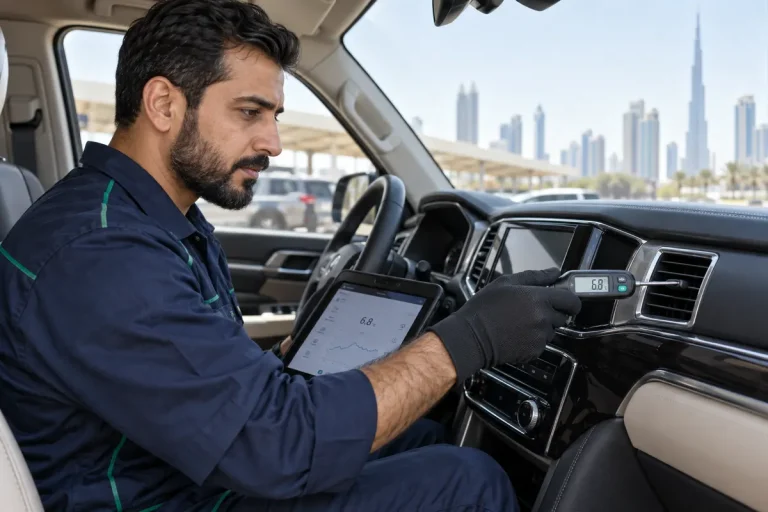Technician measuring air-conditioning vent temperature during a used-car inspection in Dubai