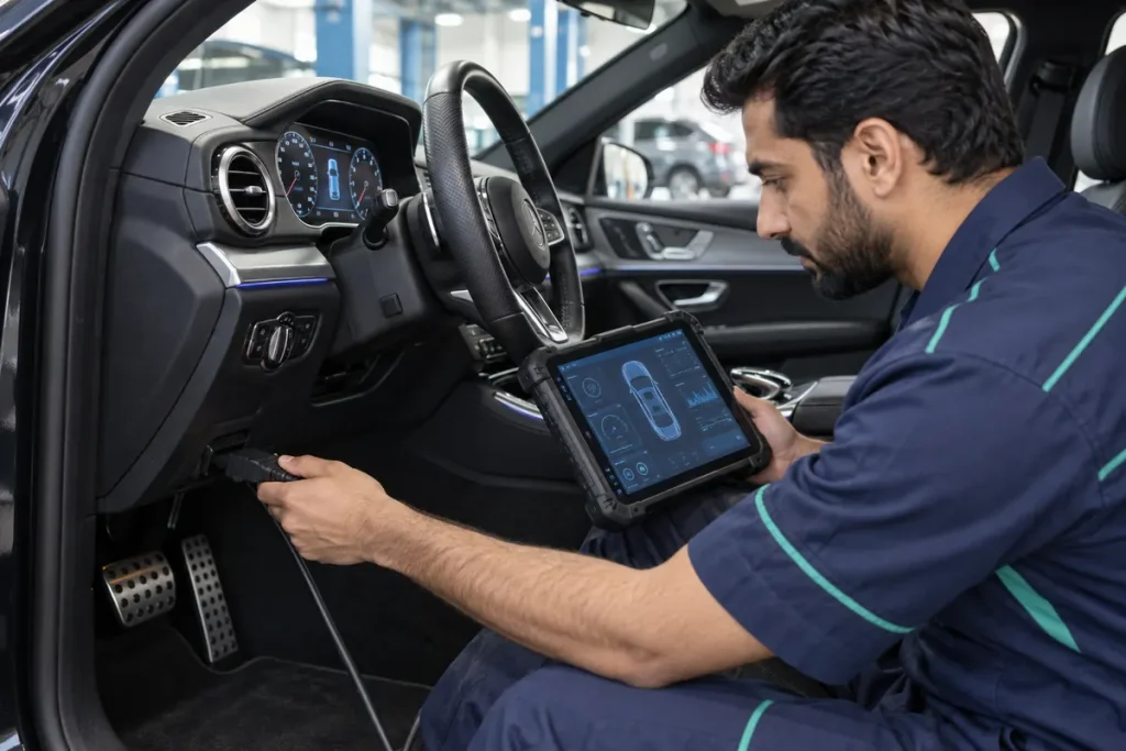SKM technician running a computer diagnostic (OBD) scan on a used car in Dubai