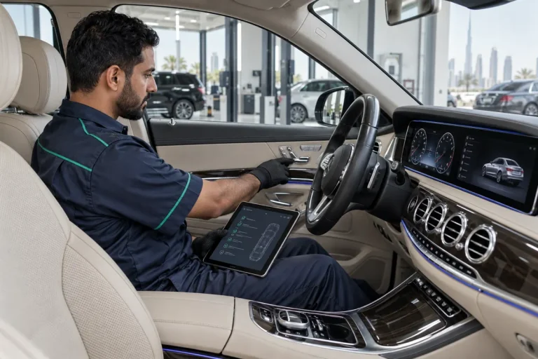 Technician checking a car's dashboard screens and interior electronics with a diagnostic tablet