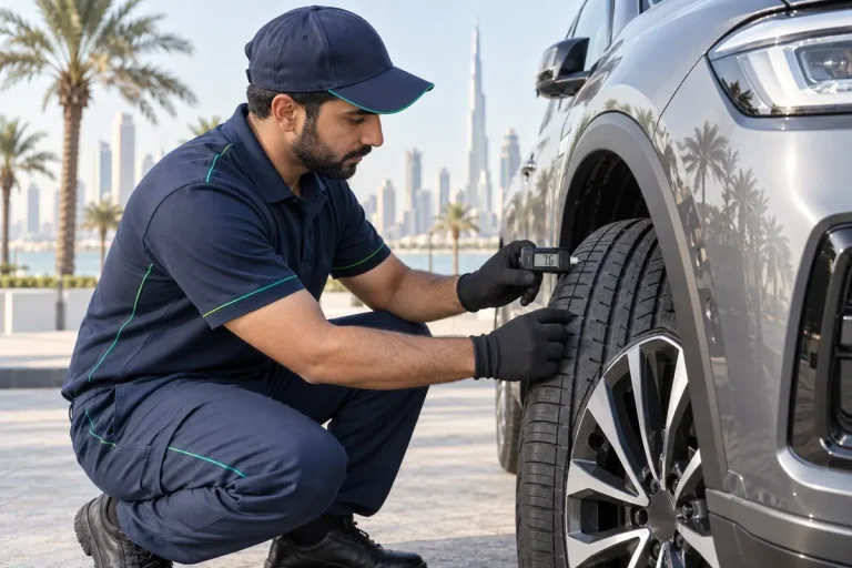 SKM technician measuring tyre tread depth on a used car in Dubai
