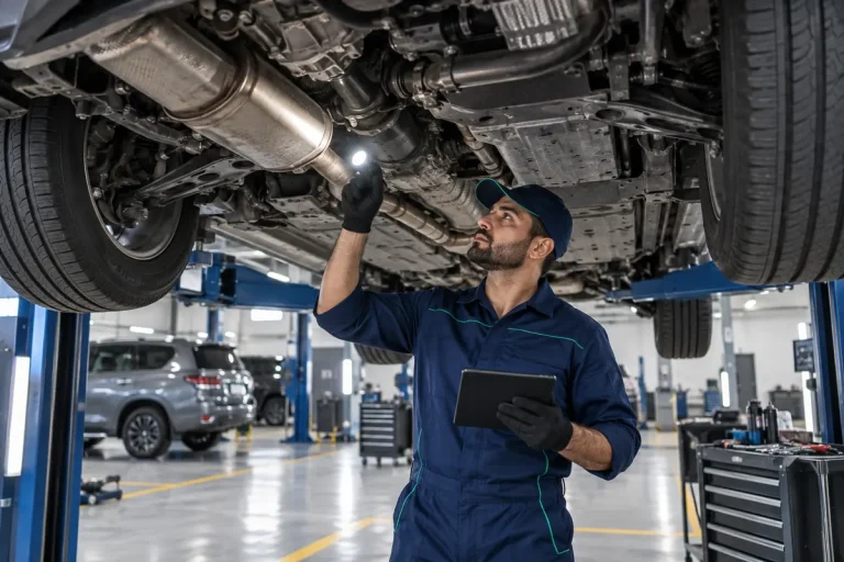 Technician inspecting a car's underbody and chassis for damage, rust and leaks