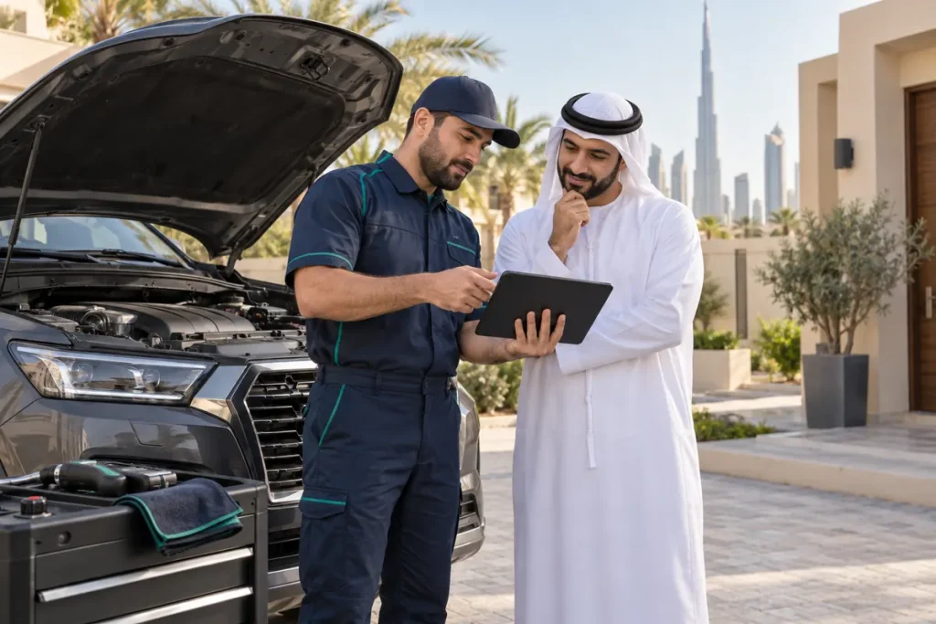 SKM technician explaining inspection findings on a tablet to a customer beside the car