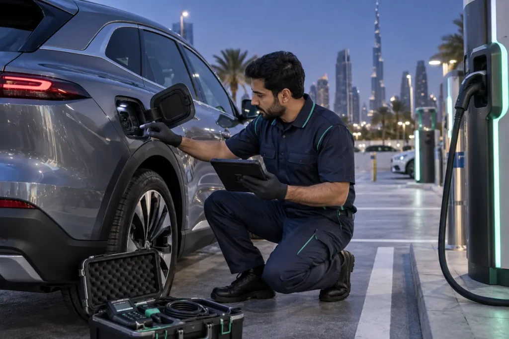 Technician inspecting an electric vehicle beside a charging point in Dubai