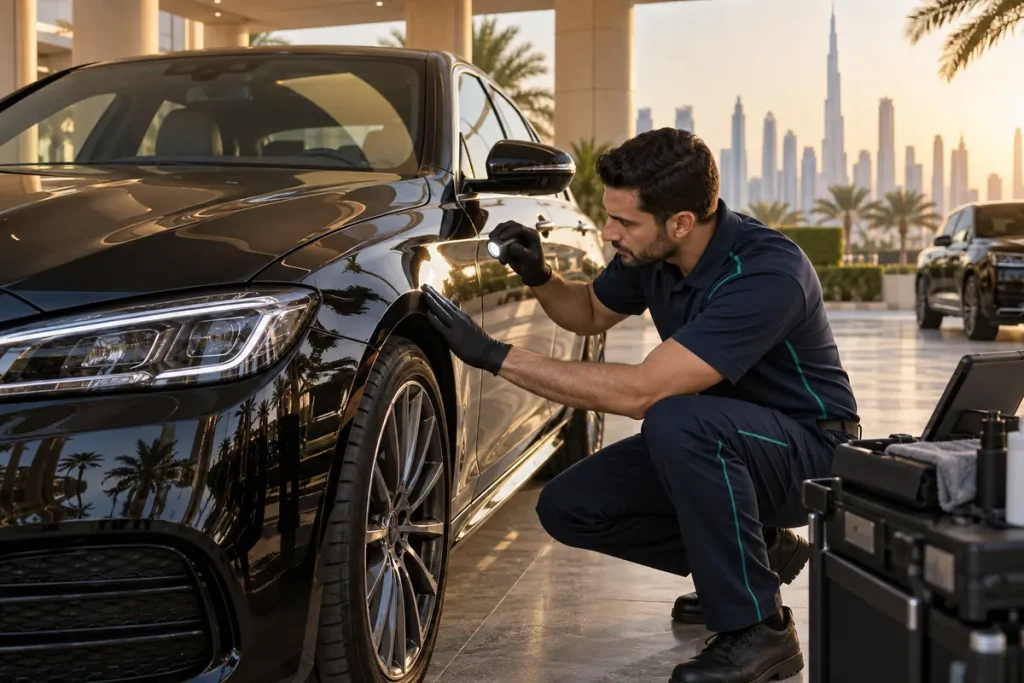 SKM technician inspecting the paintwork and body panels of a luxury sedan in Dubai
