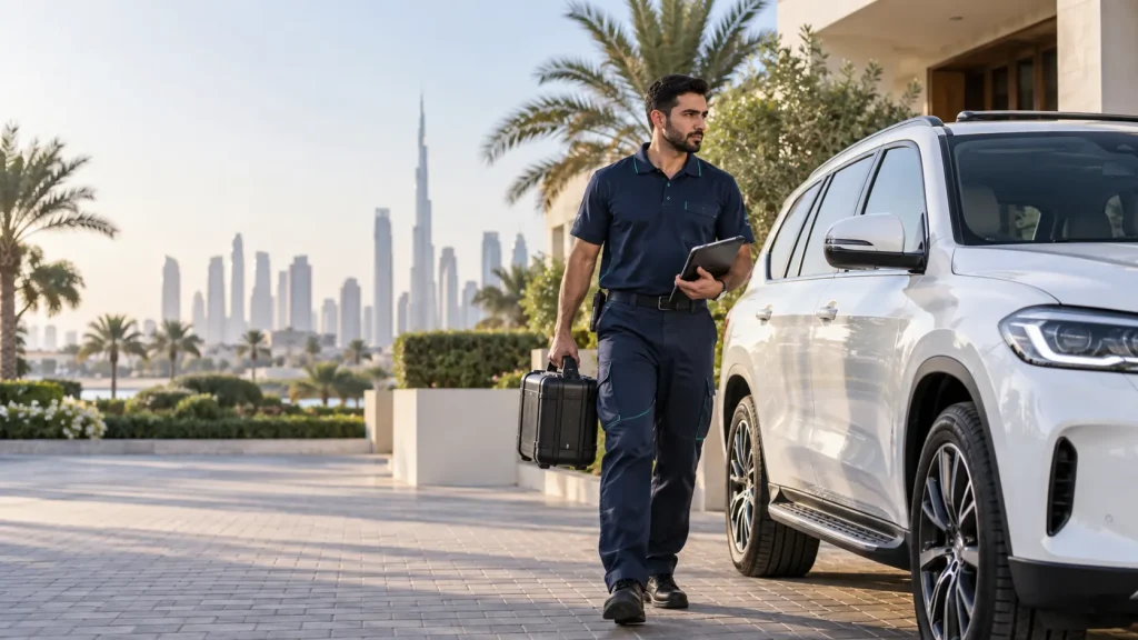 SKM mobile car inspection technician arriving with equipment at a white SUV, Dubai skyline in the background
