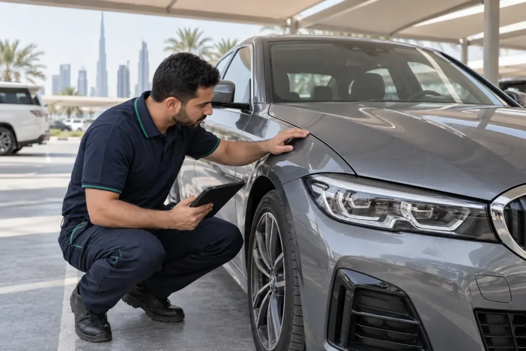 SKM technician examining the front bumper and bodywork of a used car during a pre-purchase inspection