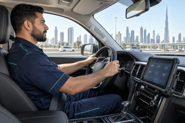 SKM technician road-testing a used car in Dubai to check engine, gearbox and steering behaviour