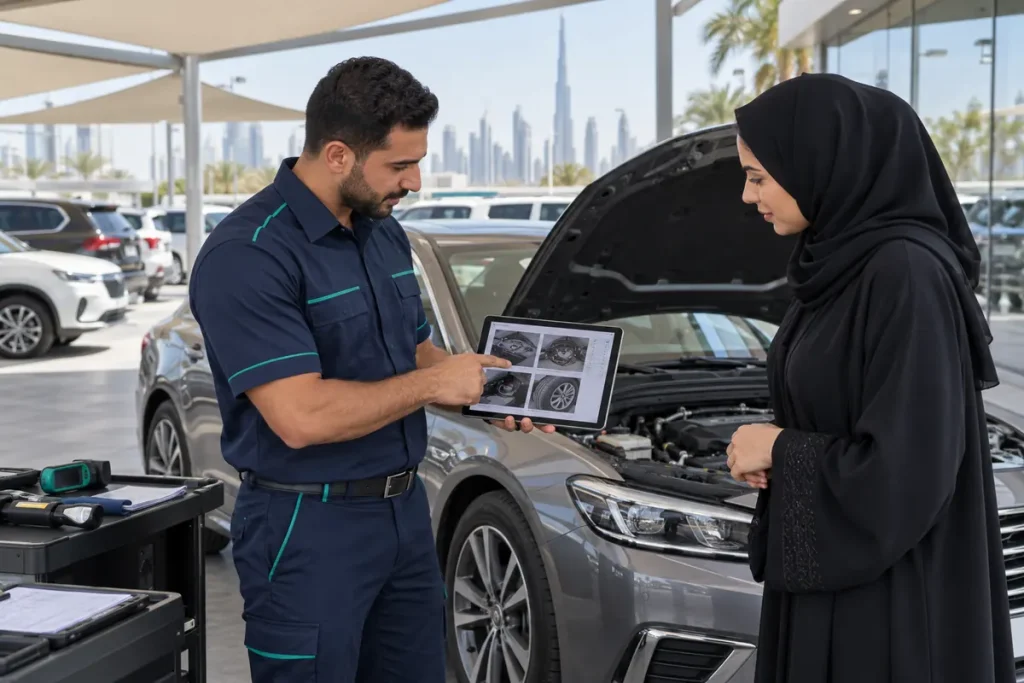 Car buyer reviewing a pre-purchase inspection report on a tablet with an SKM technician