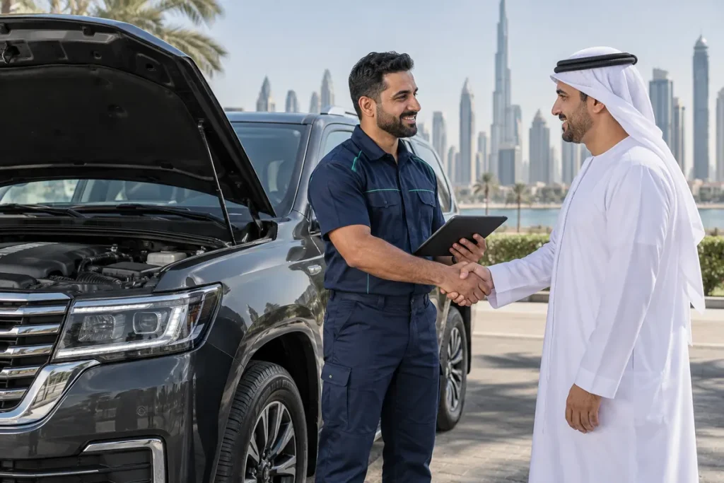 SKM technician shaking hands with a customer after completing a car inspection in Dubai