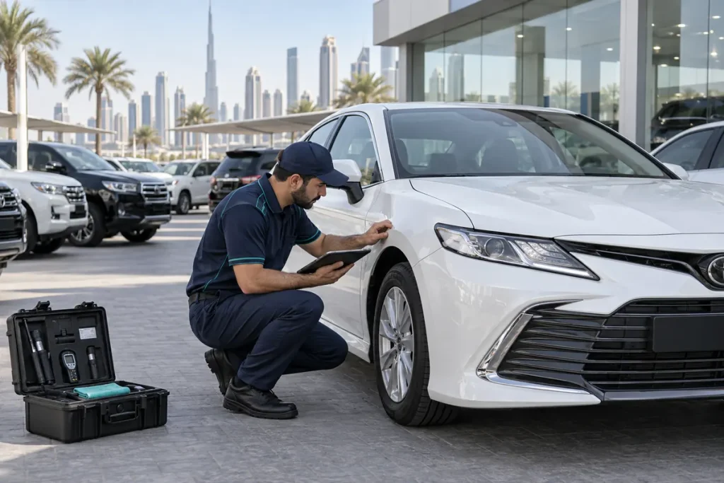 SKM technician inspecting a white sedan on a used-car dealer lot in Dubai