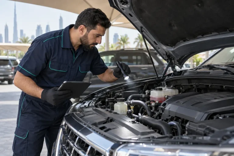 Technician inspecting the engine bay of a used car with a tablet checklist
